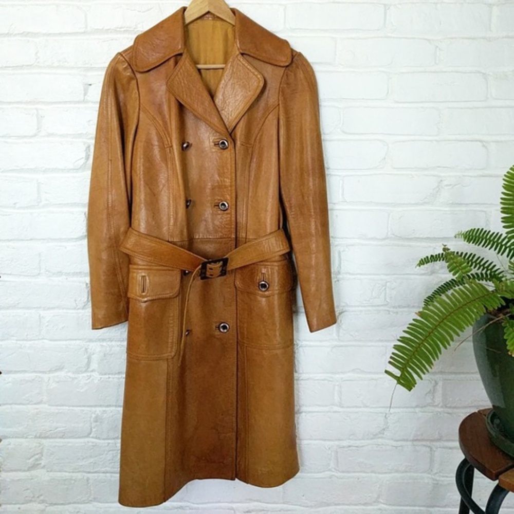 Vintage 70s Genuine Leather Trench Coat Cognac